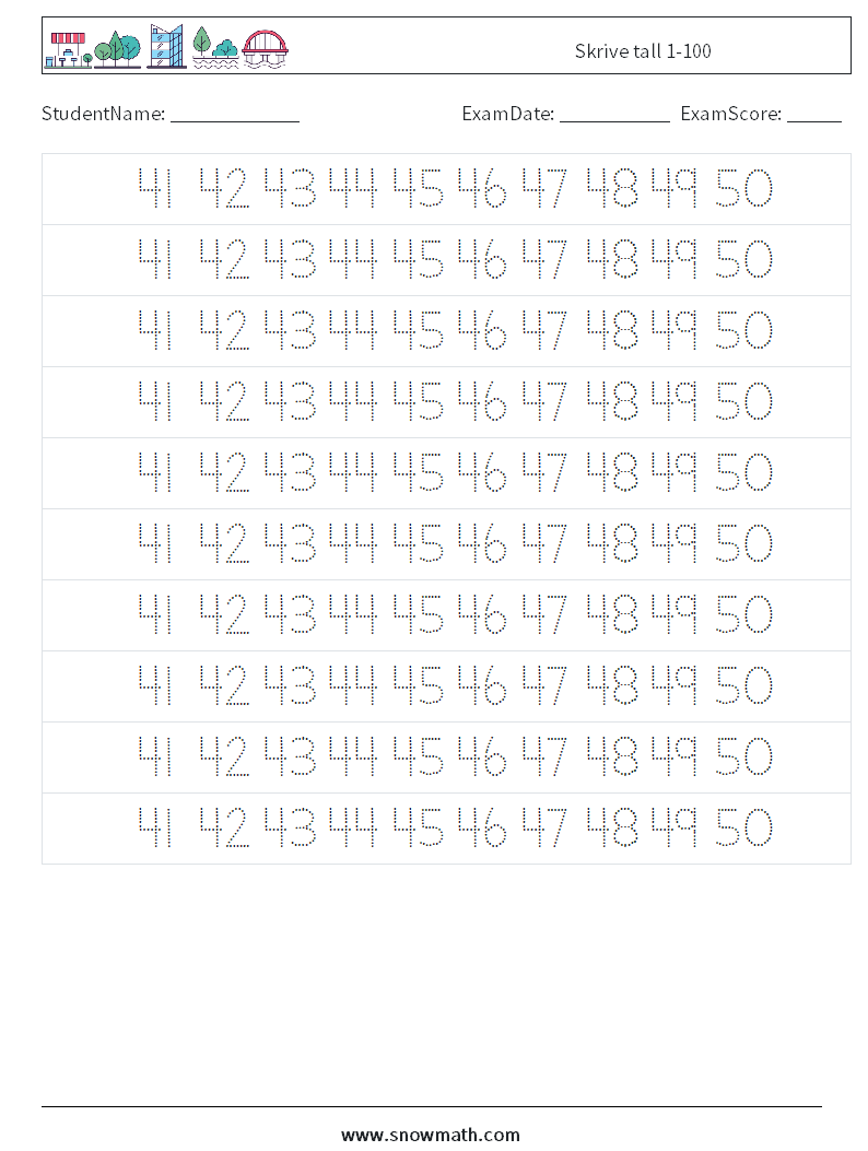 Skrive tall 1-100 MathWorksheets 29