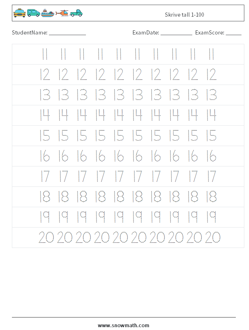 Skrive tall 1-100 MathWorksheets 3