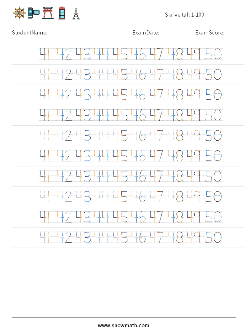 Skrive tall 1-100 MathWorksheets 30