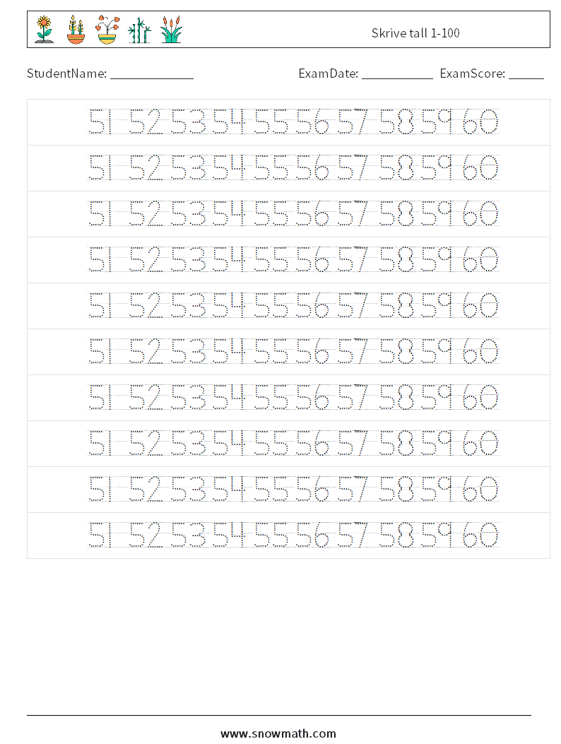 Skrive tall 1-100 MathWorksheets 32