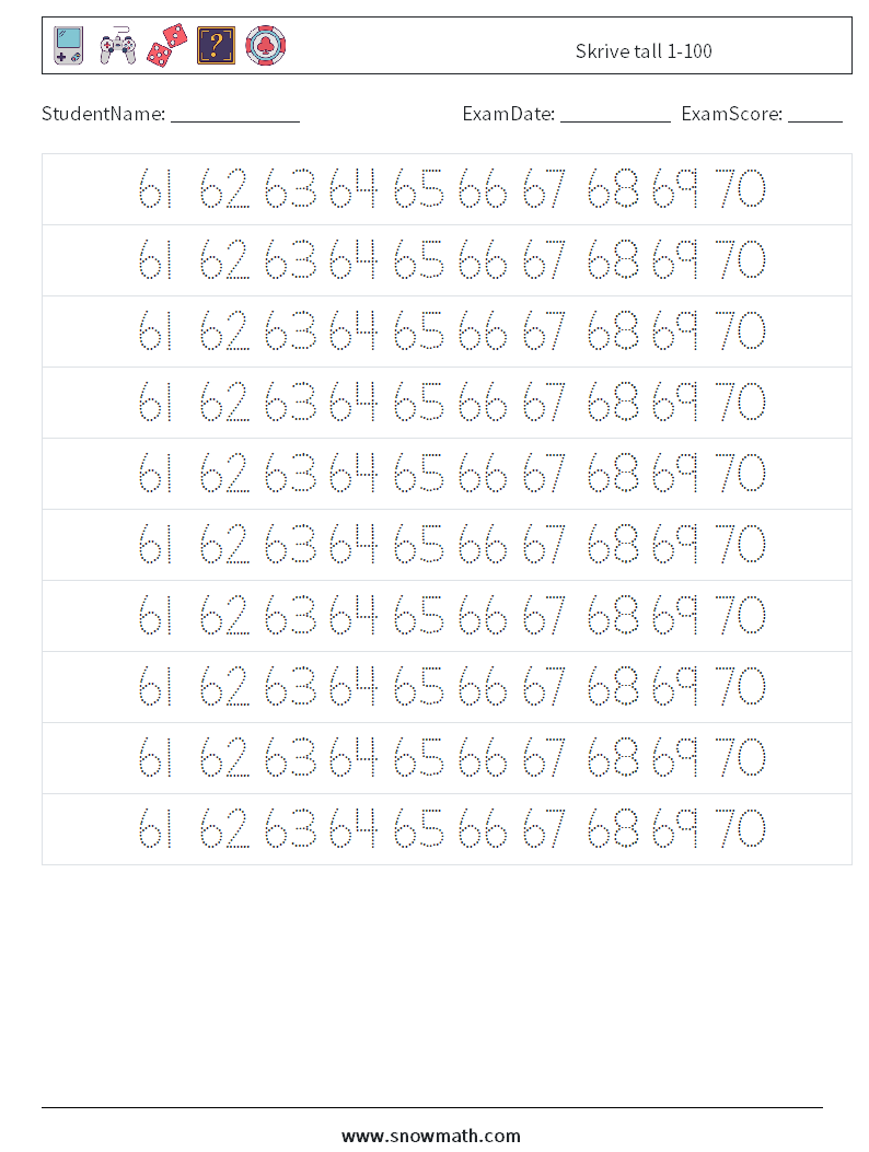 Skrive tall 1-100 MathWorksheets 33