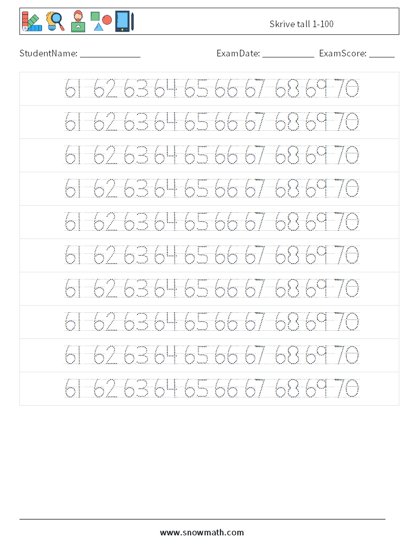 Skrive tall 1-100 MathWorksheets 34