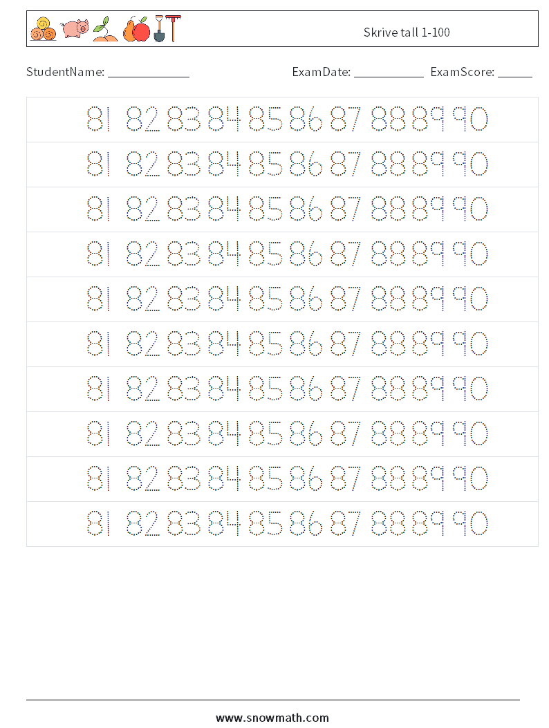 Skrive tall 1-100 MathWorksheets 37