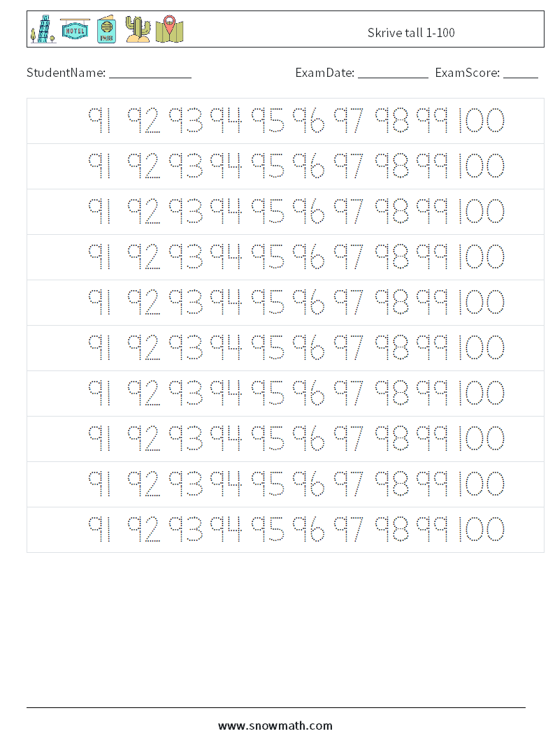 Skrive tall 1-100 MathWorksheets 39