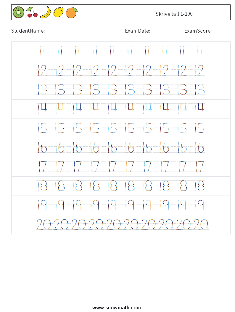 Skrive tall 1-100 MathWorksheets 4