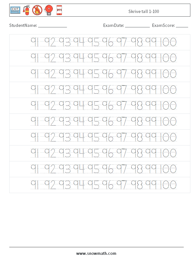 Skrive tall 1-100 MathWorksheets 40