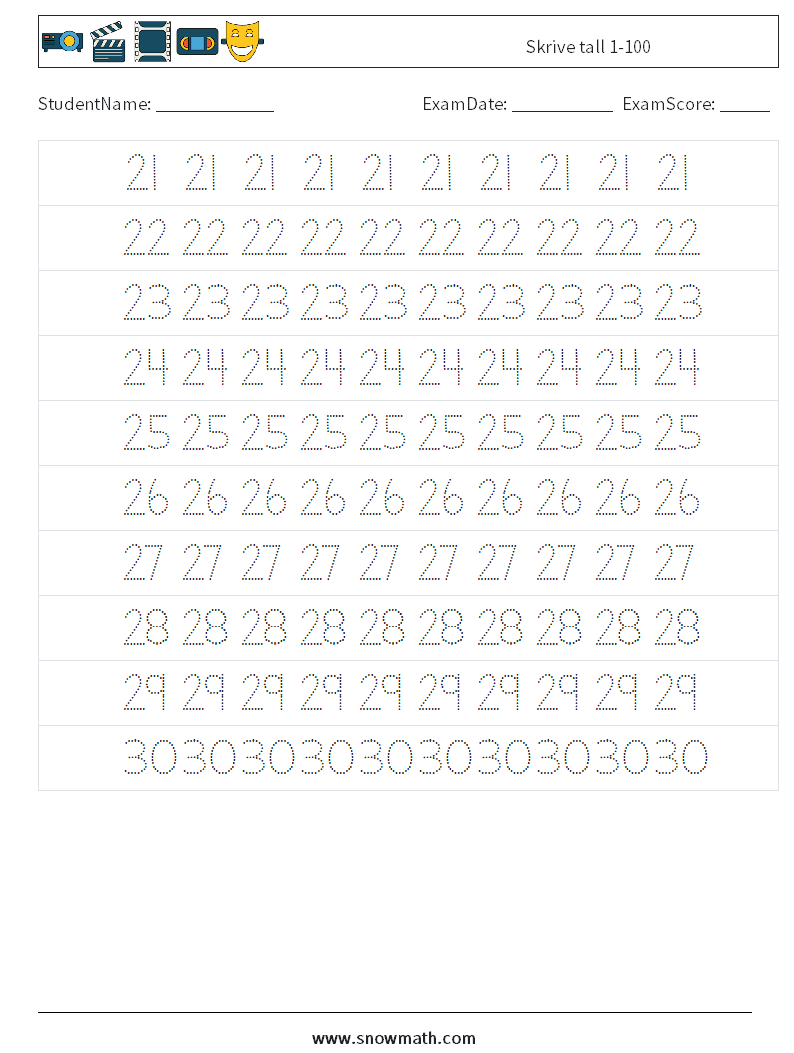 Skrive tall 1-100 MathWorksheets 5