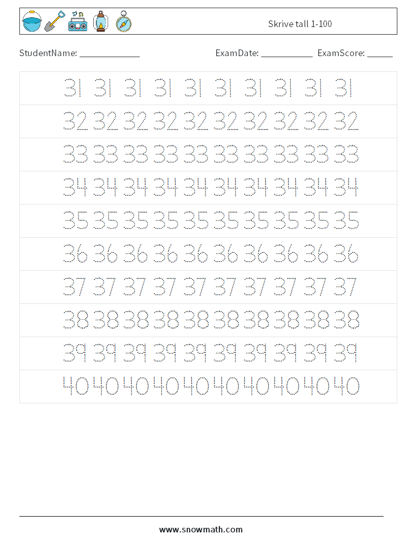 Skrive tall 1-100 MathWorksheets 7