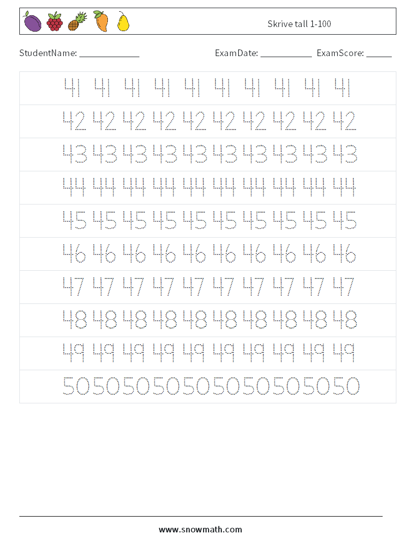 Skrive tall 1-100 MathWorksheets 9