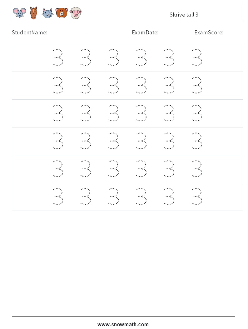 Skrive tall 3 MathWorksheets 6