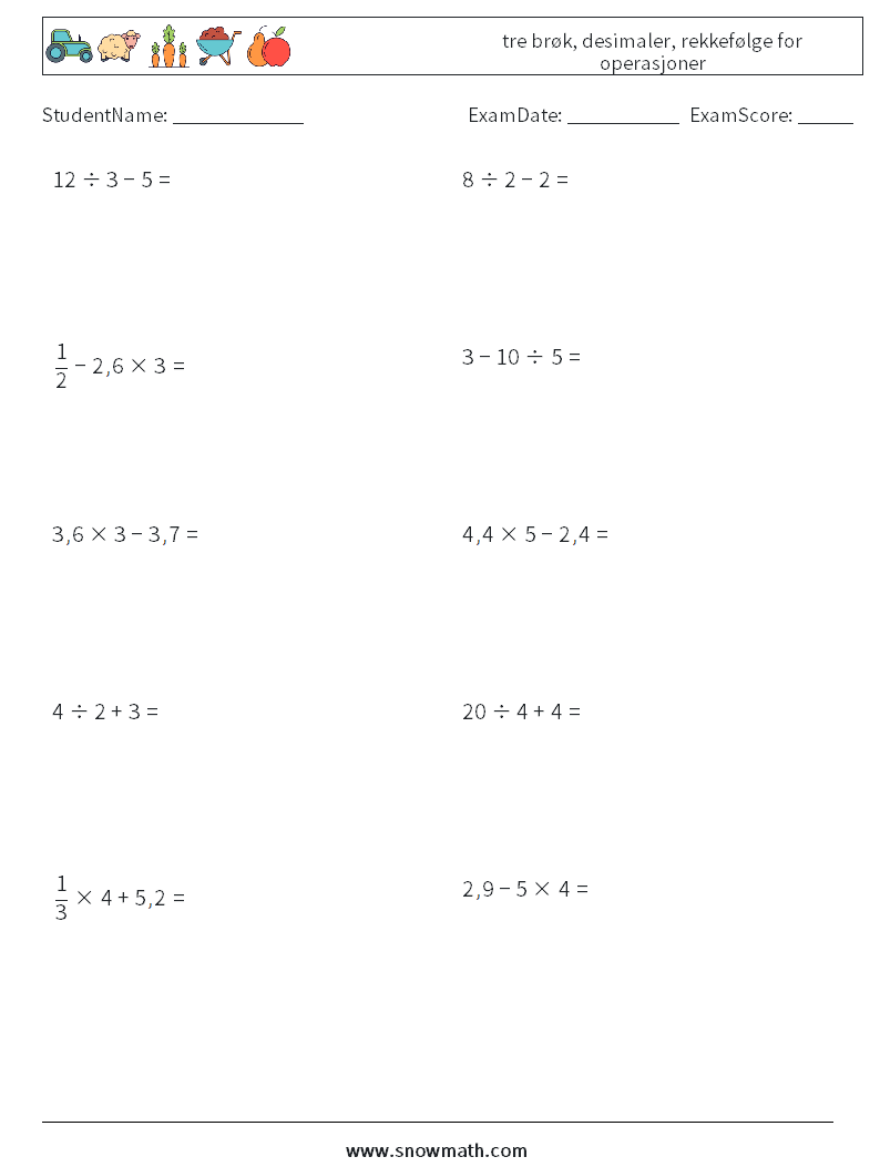 (10) tre brøk, desimaler, rekkefølge for operasjoner MathWorksheets 10