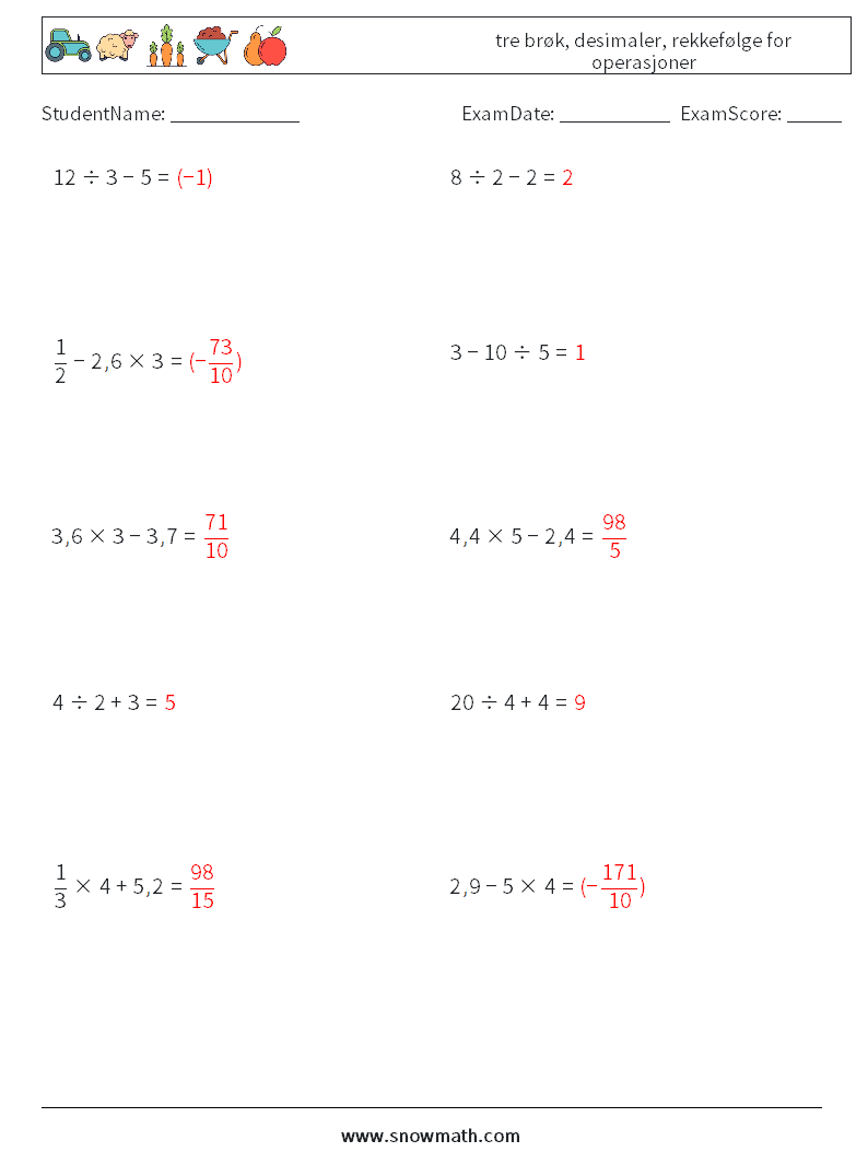 (10) tre brøk, desimaler, rekkefølge for operasjoner MathWorksheets 10 QuestionAnswer