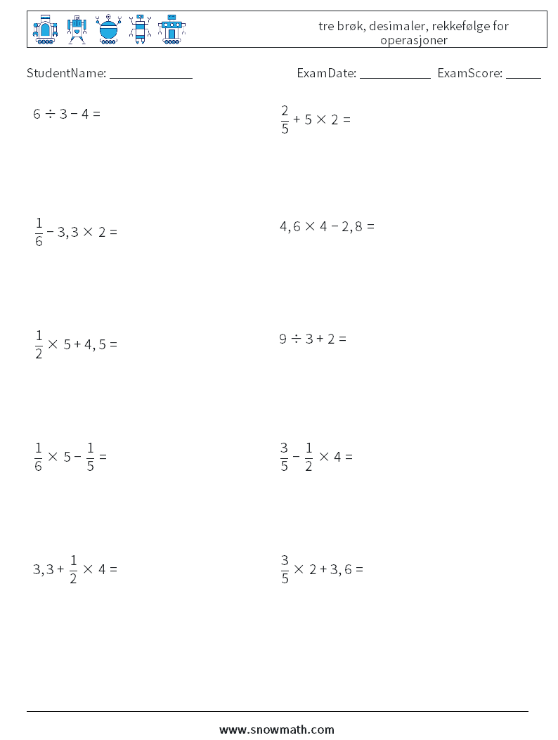 (10) tre brøk, desimaler, rekkefølge for operasjoner MathWorksheets 11