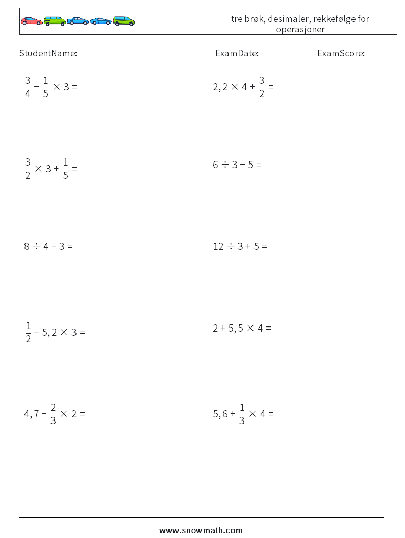 (10) tre brøk, desimaler, rekkefølge for operasjoner MathWorksheets 13