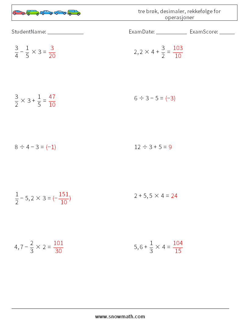 (10) tre brøk, desimaler, rekkefølge for operasjoner MathWorksheets 13 QuestionAnswer