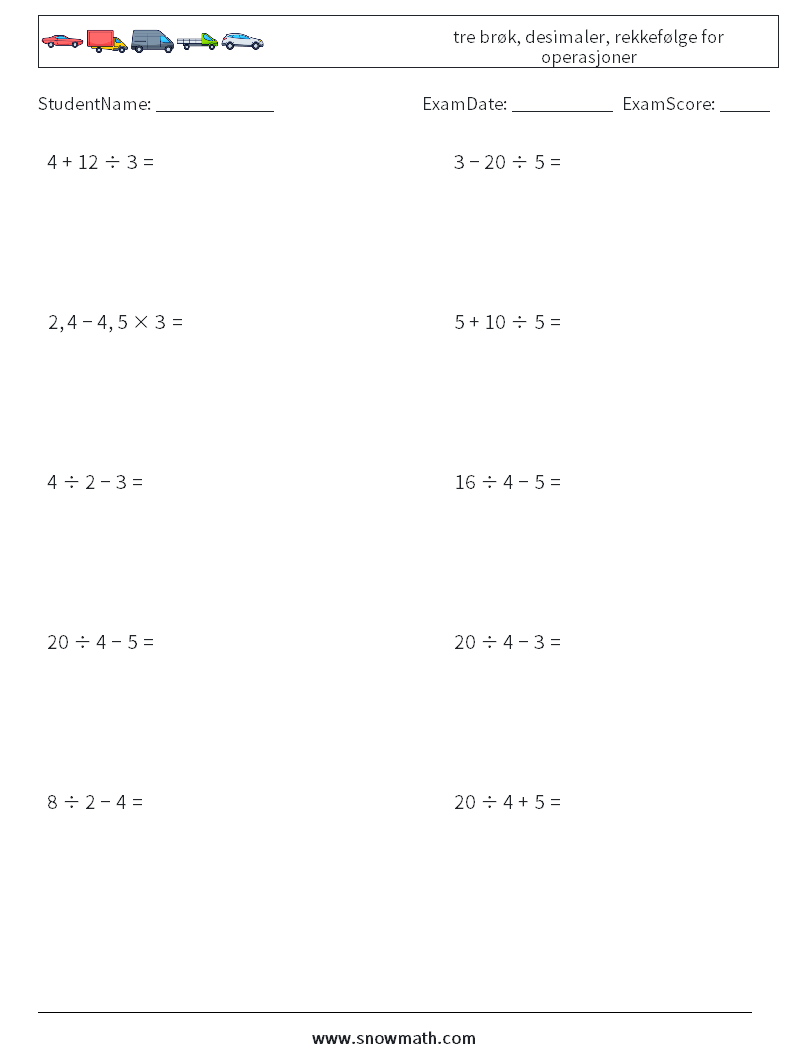 (10) tre brøk, desimaler, rekkefølge for operasjoner MathWorksheets 14