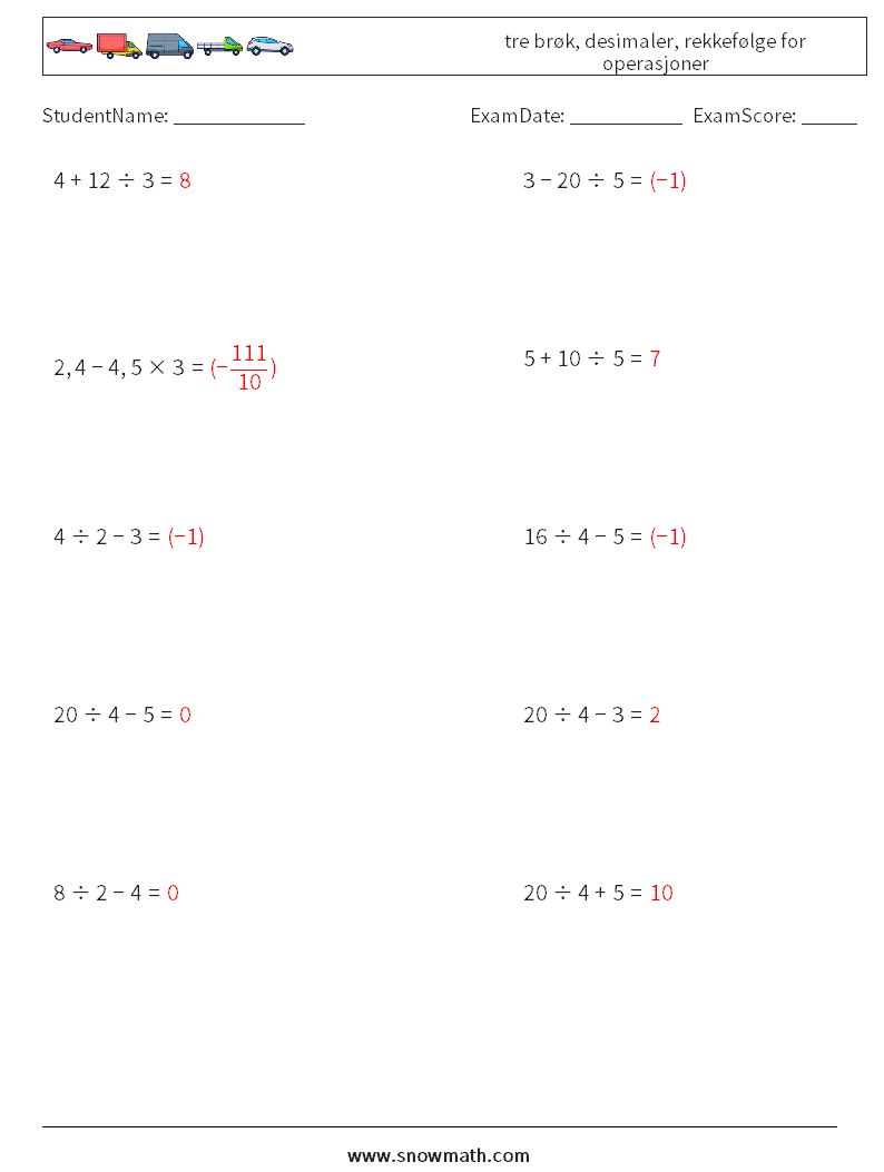 (10) tre brøk, desimaler, rekkefølge for operasjoner MathWorksheets 14 QuestionAnswer