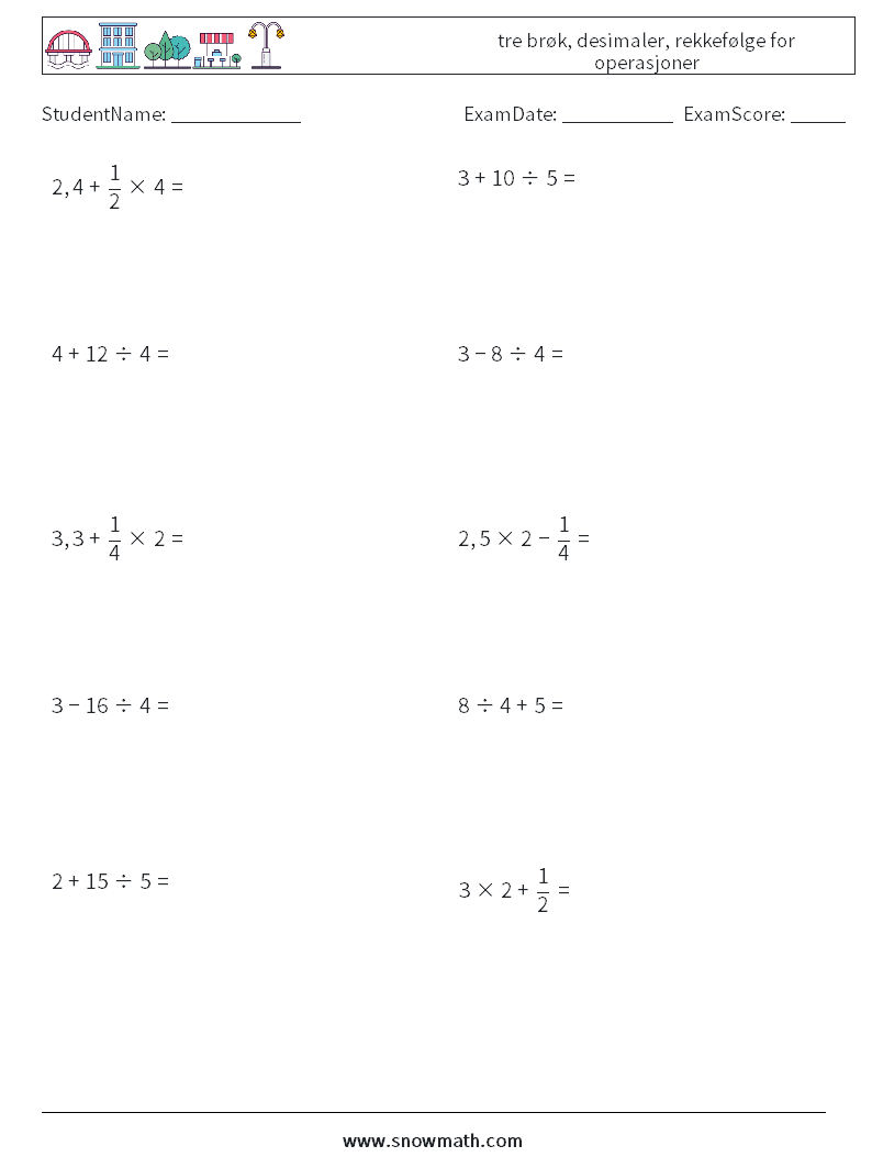 (10) tre brøk, desimaler, rekkefølge for operasjoner MathWorksheets 16