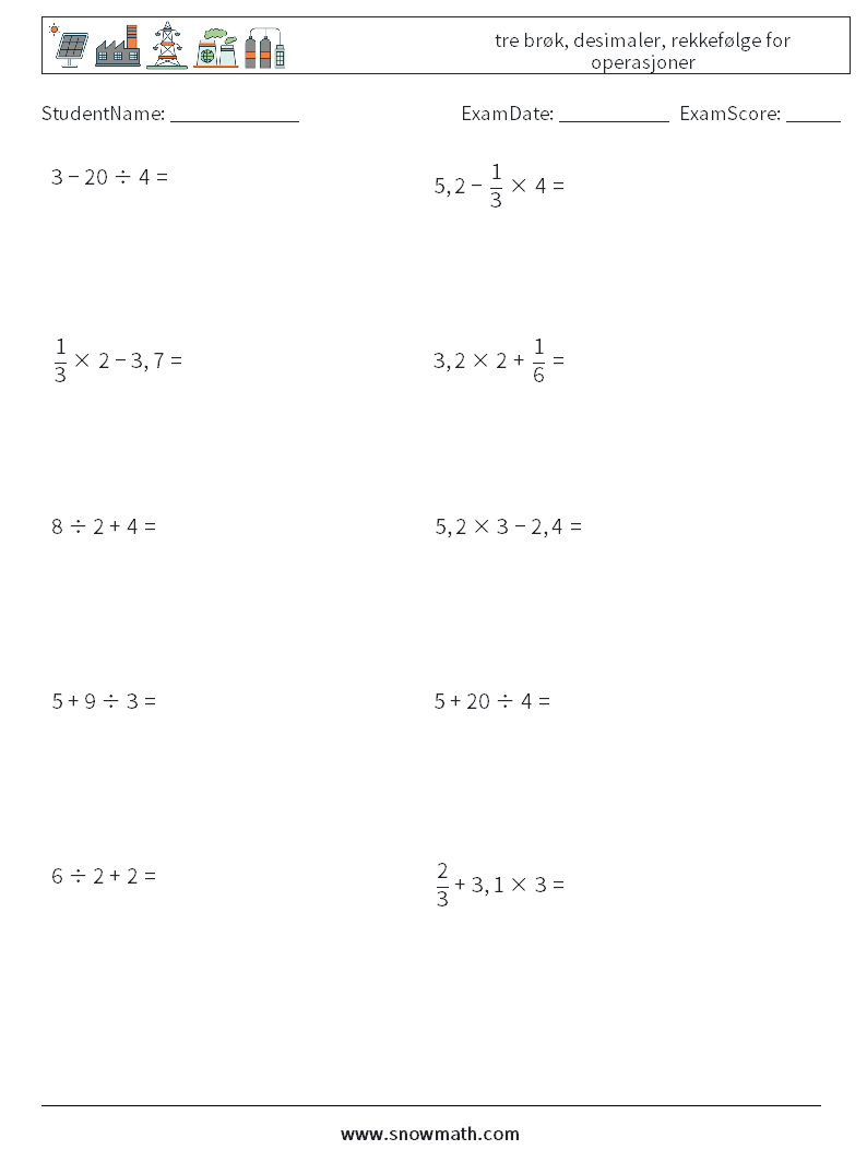 (10) tre brøk, desimaler, rekkefølge for operasjoner MathWorksheets 17