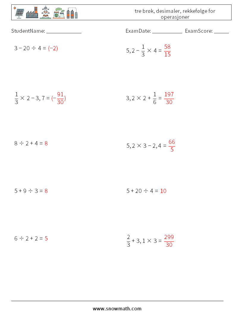 (10) tre brøk, desimaler, rekkefølge for operasjoner MathWorksheets 17 QuestionAnswer