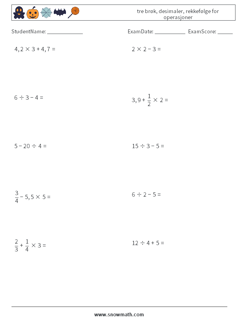 (10) tre brøk, desimaler, rekkefølge for operasjoner MathWorksheets 18