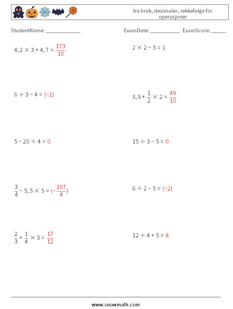 (10) tre brøk, desimaler, rekkefølge for operasjoner MathWorksheets 18 QuestionAnswer