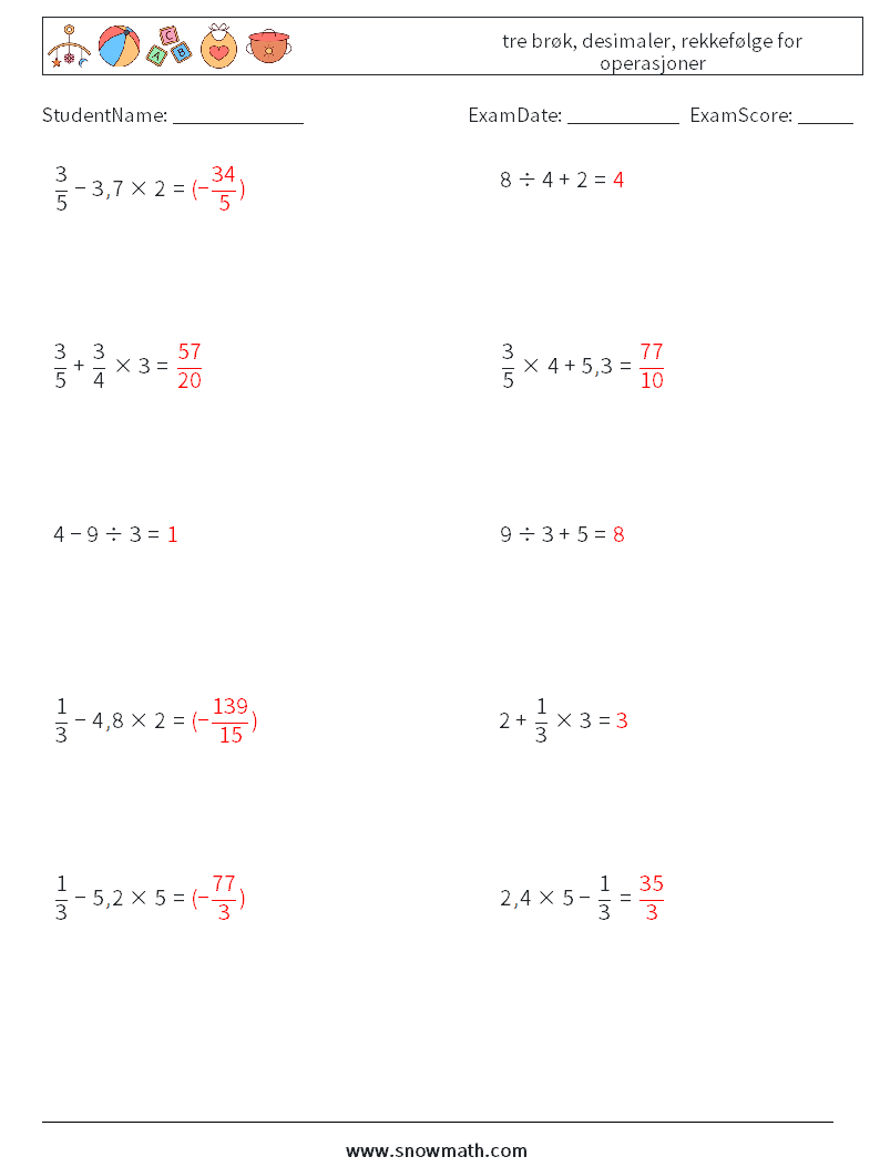 (10) tre brøk, desimaler, rekkefølge for operasjoner MathWorksheets 1 QuestionAnswer