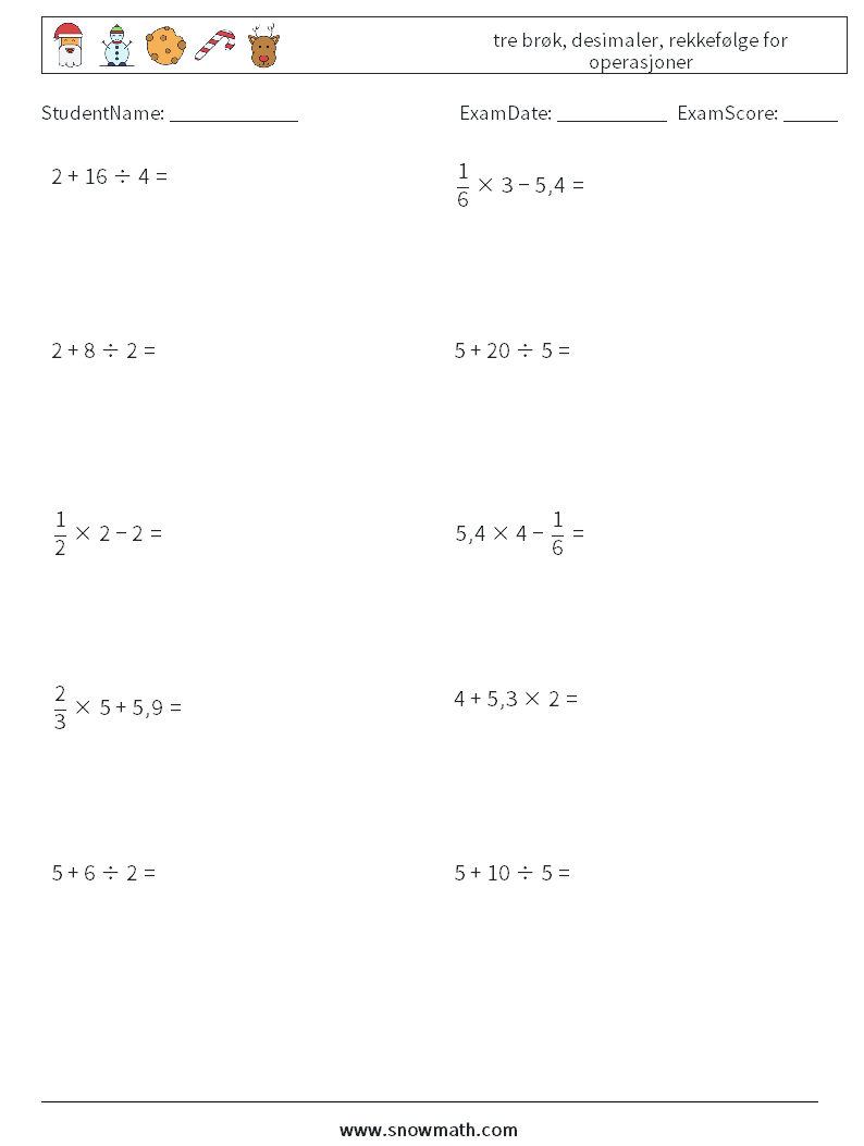 (10) tre brøk, desimaler, rekkefølge for operasjoner MathWorksheets 2