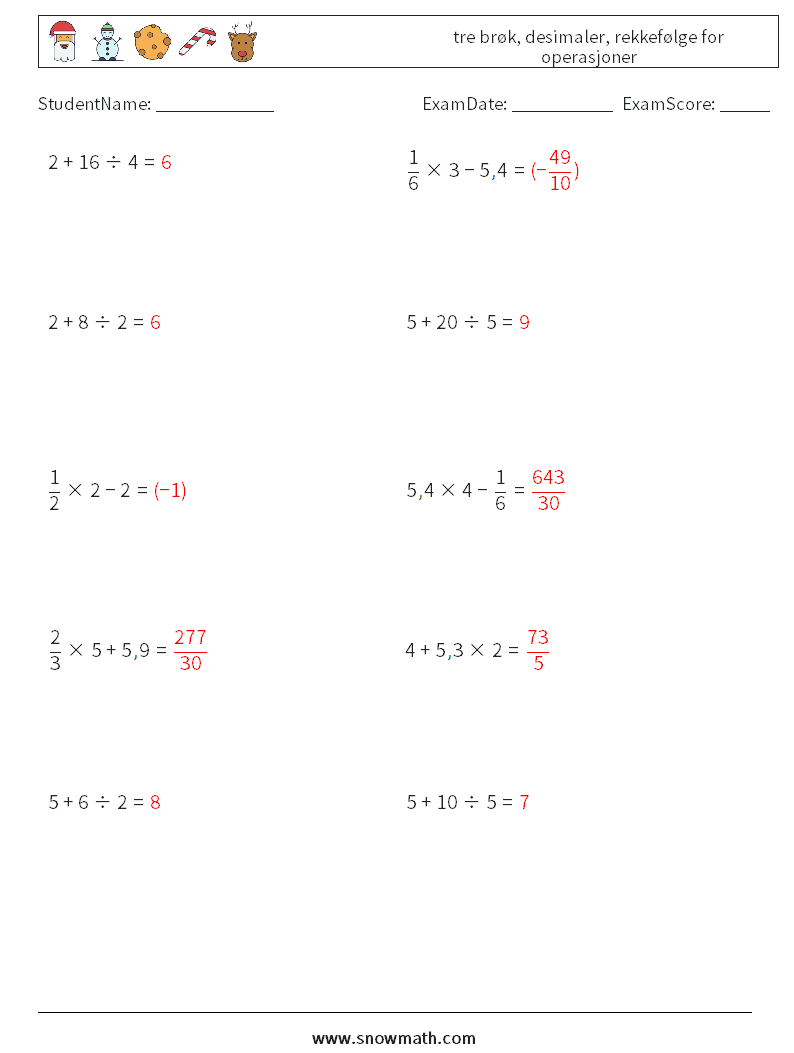 (10) tre brøk, desimaler, rekkefølge for operasjoner MathWorksheets 2 QuestionAnswer