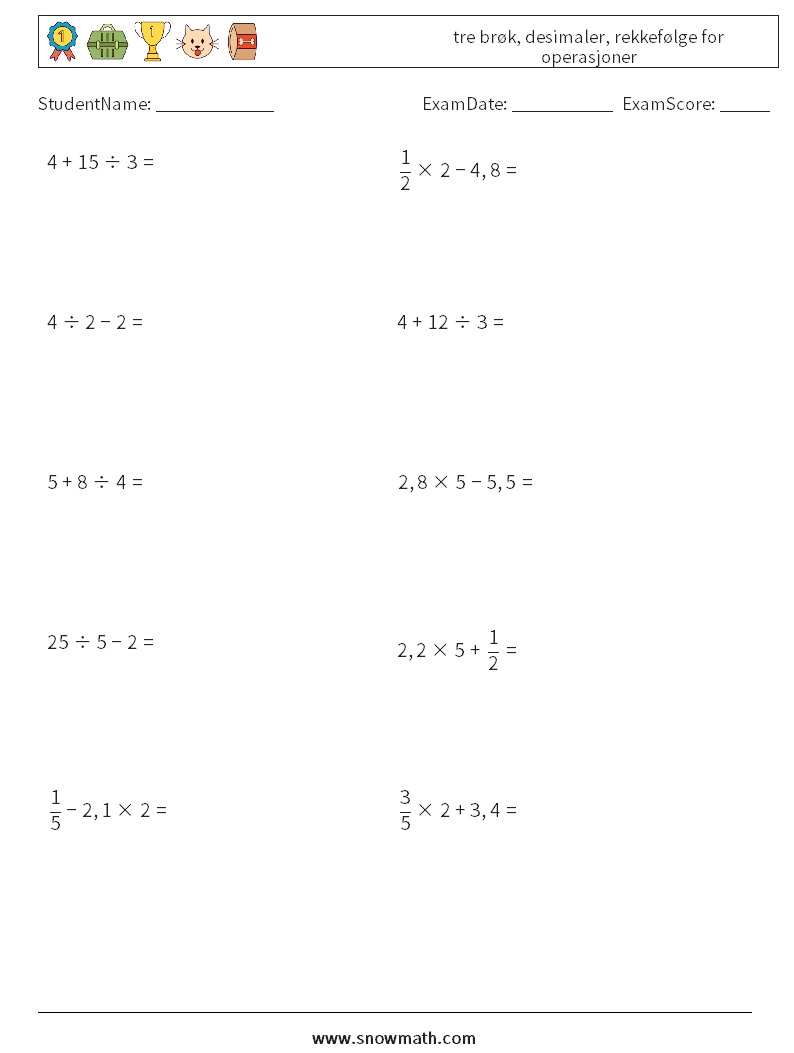 (10) tre brøk, desimaler, rekkefølge for operasjoner MathWorksheets 3