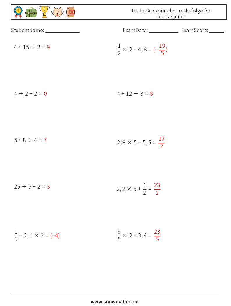 (10) tre brøk, desimaler, rekkefølge for operasjoner MathWorksheets 3 QuestionAnswer