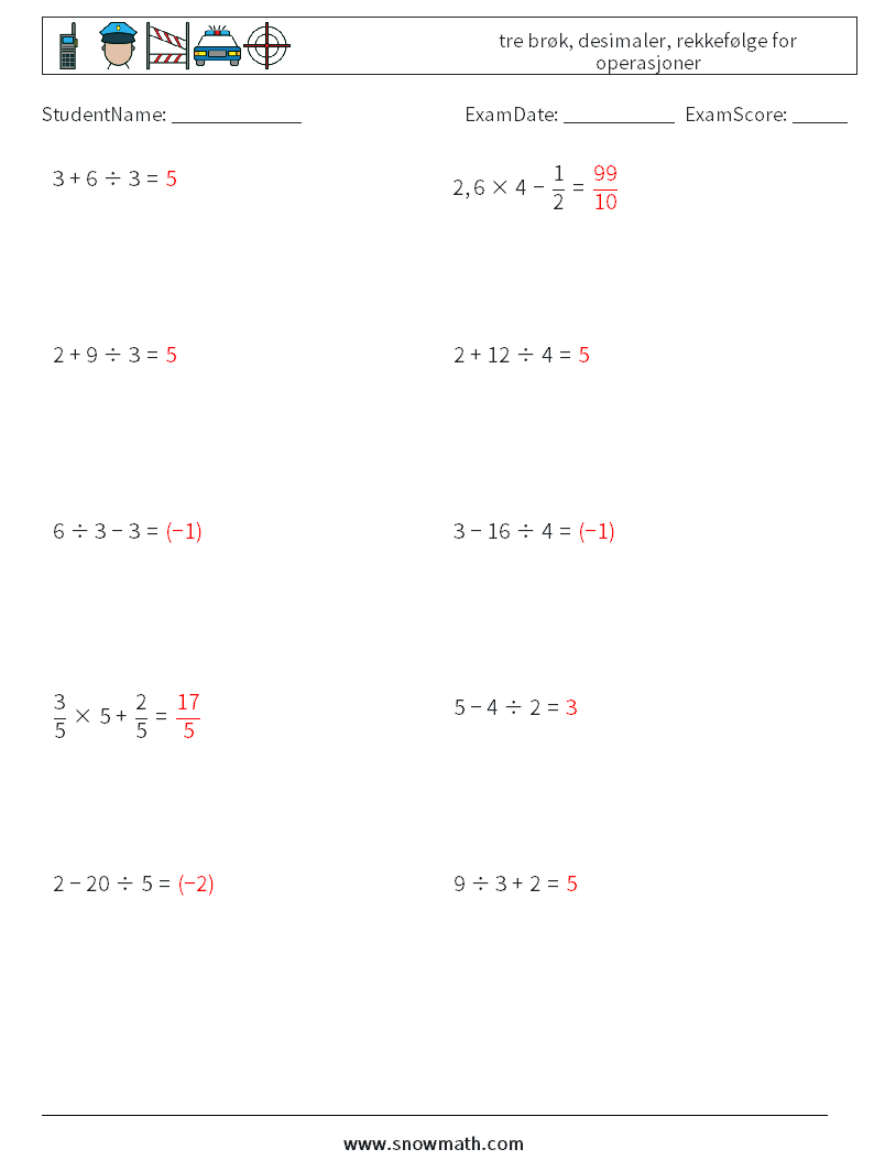 (10) tre brøk, desimaler, rekkefølge for operasjoner MathWorksheets 4 QuestionAnswer
