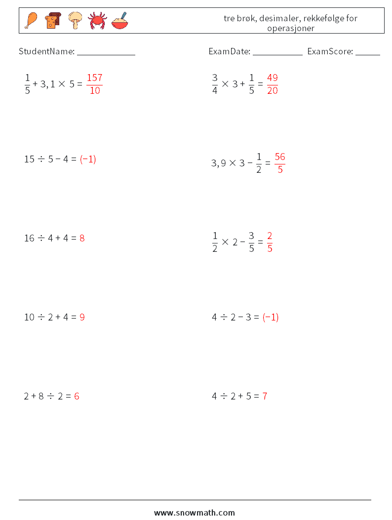(10) tre brøk, desimaler, rekkefølge for operasjoner MathWorksheets 5 QuestionAnswer