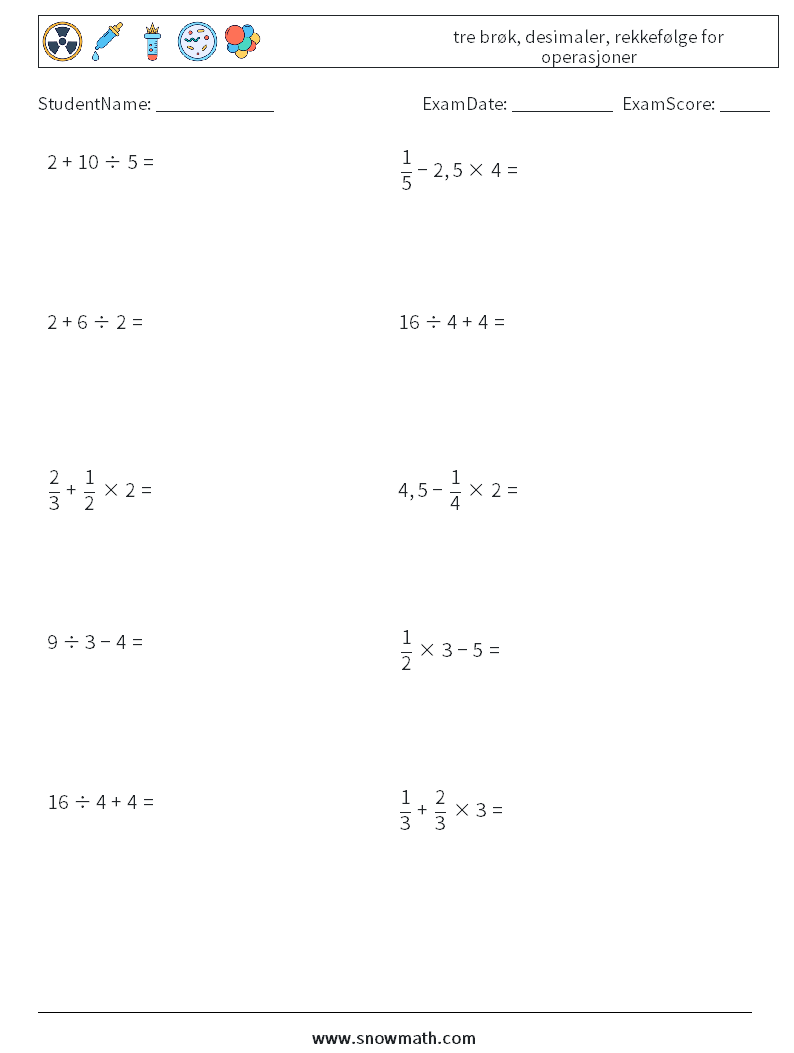 (10) tre brøk, desimaler, rekkefølge for operasjoner MathWorksheets 6