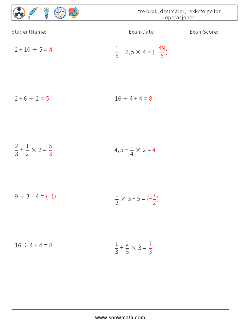 (10) tre brøk, desimaler, rekkefølge for operasjoner MathWorksheets 6 QuestionAnswer