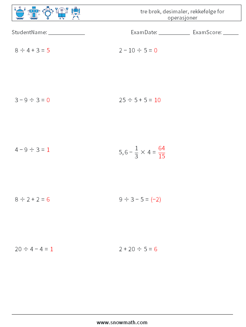(10) tre brøk, desimaler, rekkefølge for operasjoner MathWorksheets 7 QuestionAnswer