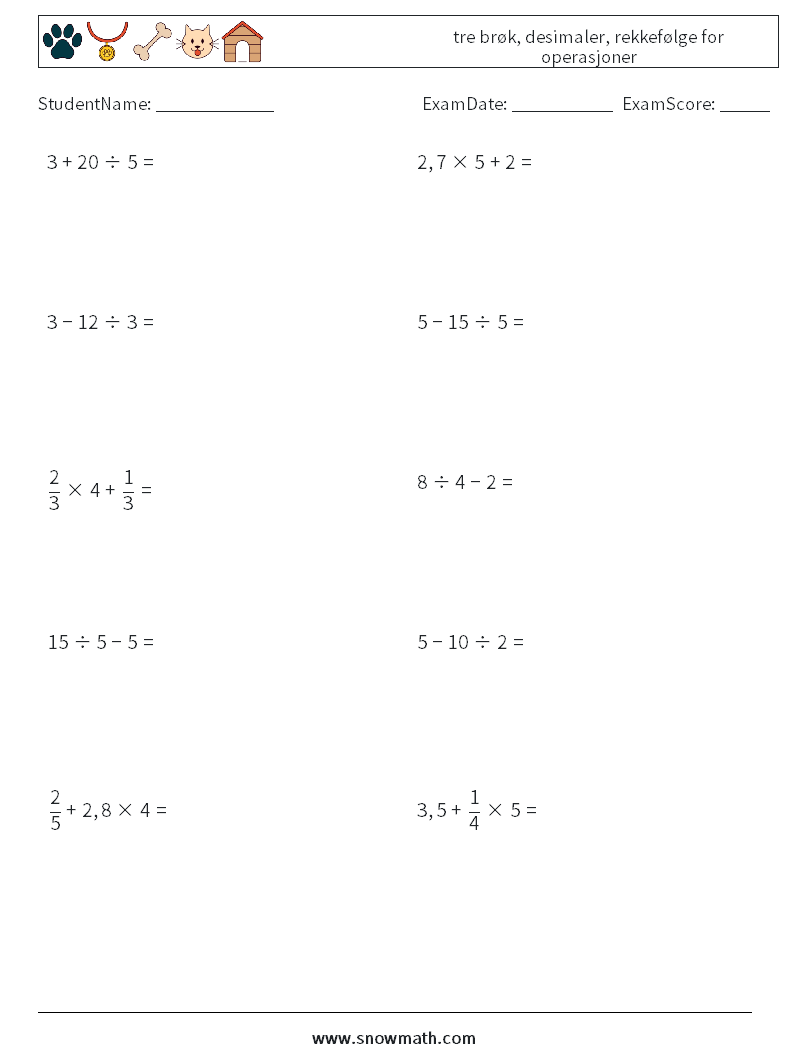 (10) tre brøk, desimaler, rekkefølge for operasjoner MathWorksheets 8