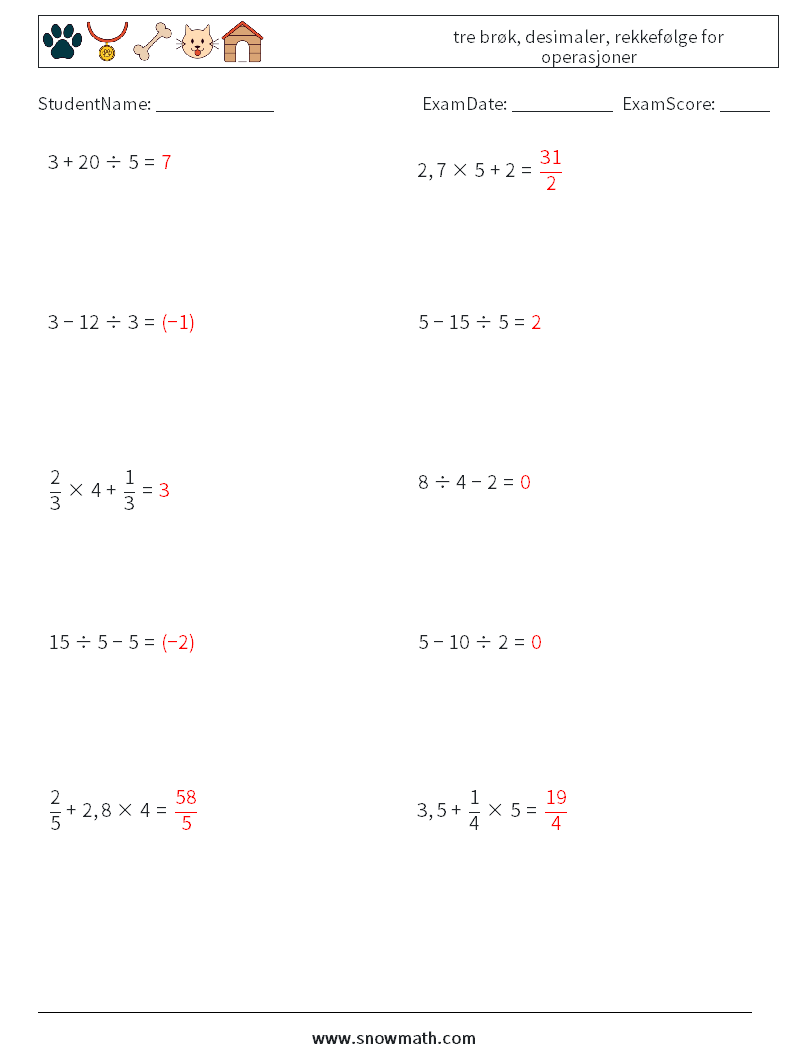 (10) tre brøk, desimaler, rekkefølge for operasjoner MathWorksheets 8 QuestionAnswer