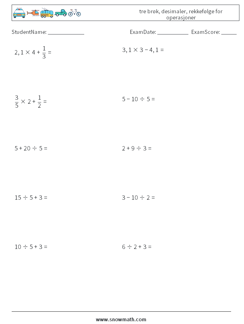 (10) tre brøk, desimaler, rekkefølge for operasjoner MathWorksheets 9