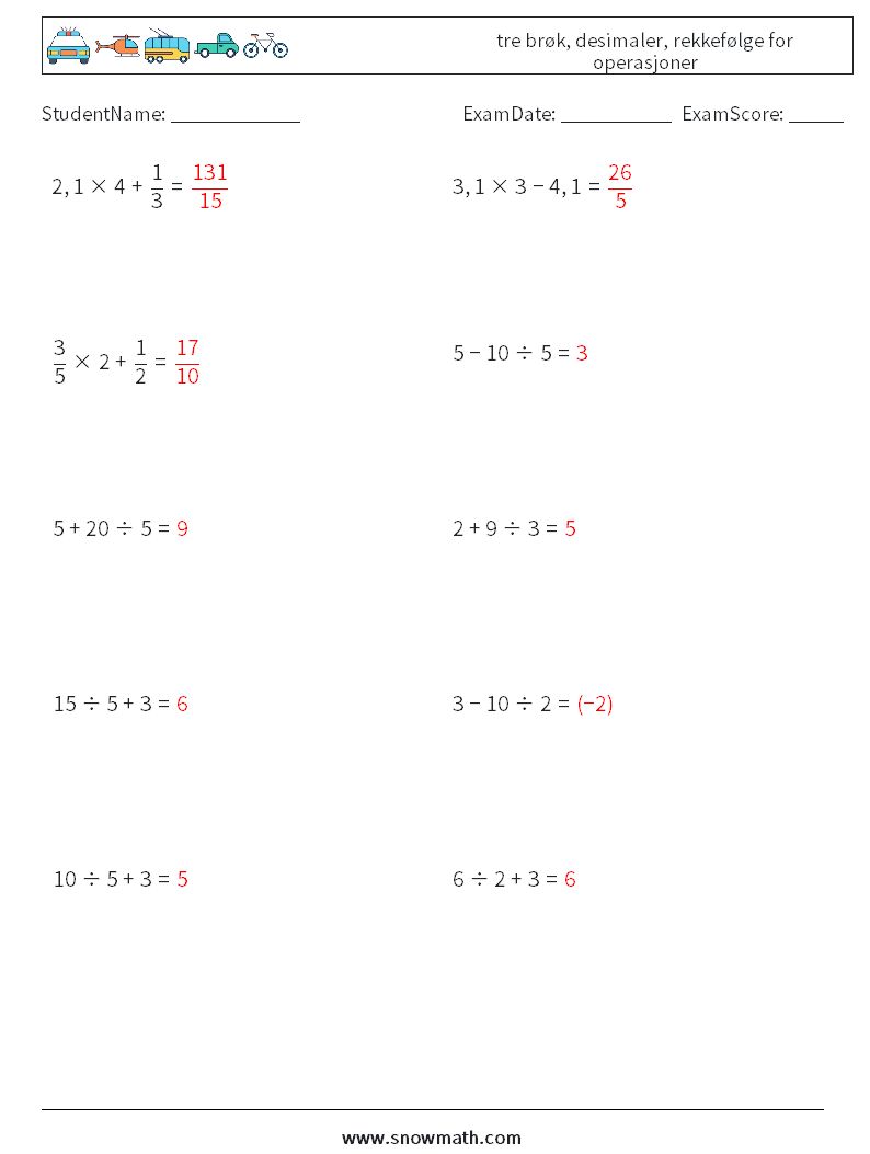 (10) tre brøk, desimaler, rekkefølge for operasjoner MathWorksheets 9 QuestionAnswer