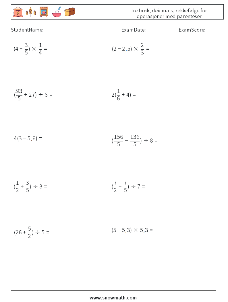 (10) tre brøk, deicmals, rekkefølge for operasjoner med parenteser MathWorksheets 1