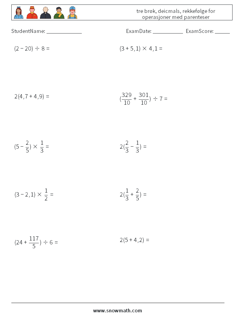 (10) tre brøk, deicmals, rekkefølge for operasjoner med parenteser MathWorksheets 10