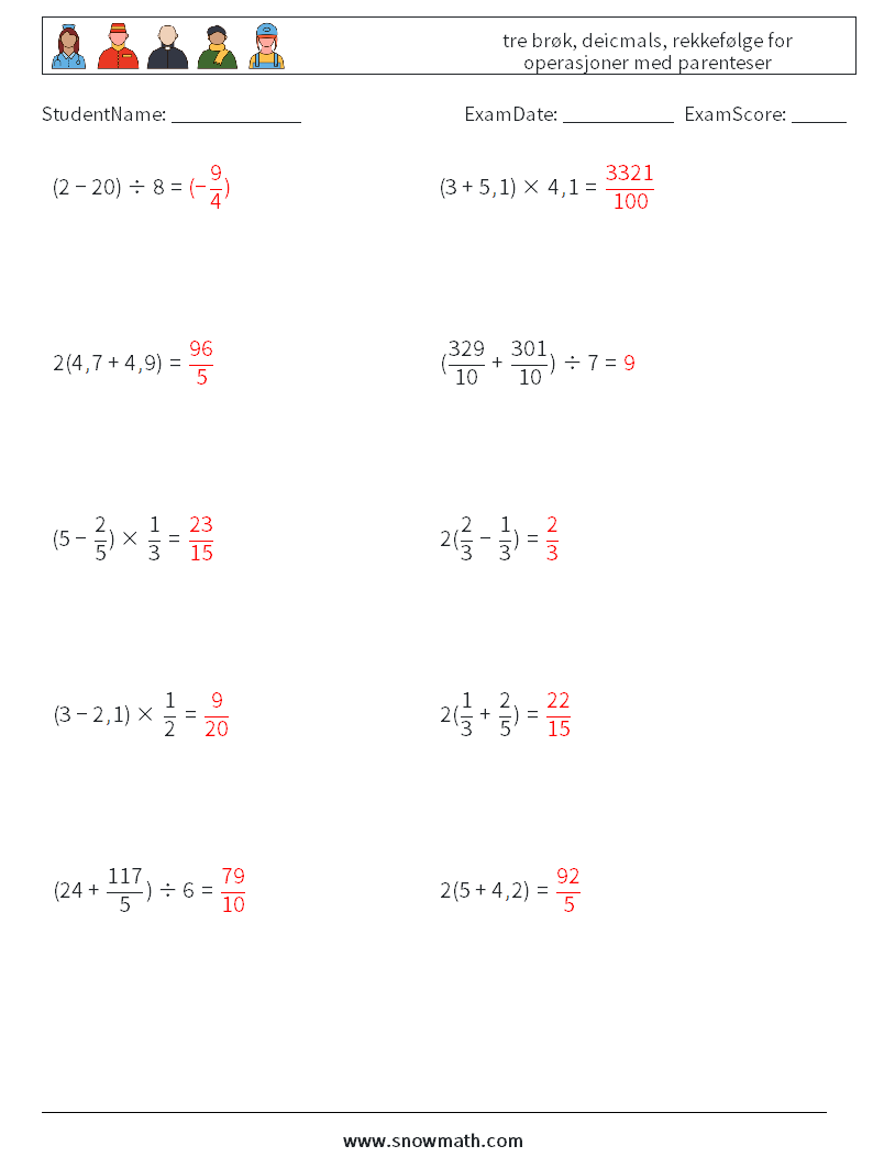 (10) tre brøk, deicmals, rekkefølge for operasjoner med parenteser MathWorksheets 10 QuestionAnswer