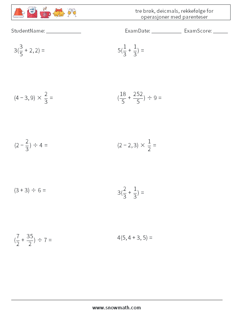 (10) tre brøk, deicmals, rekkefølge for operasjoner med parenteser MathWorksheets 11