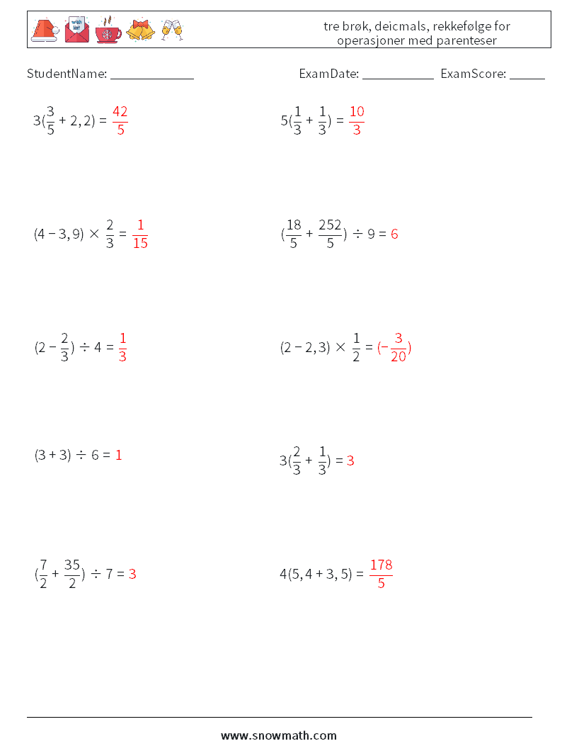 (10) tre brøk, deicmals, rekkefølge for operasjoner med parenteser MathWorksheets 11 QuestionAnswer