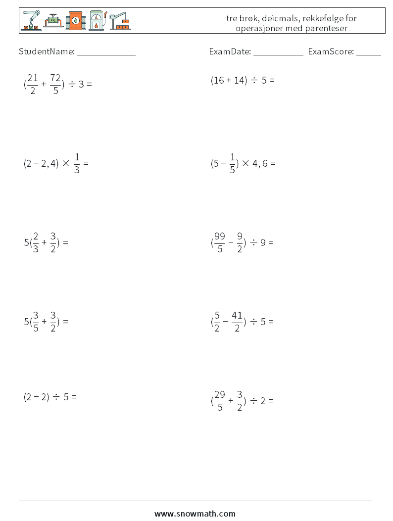 (10) tre brøk, deicmals, rekkefølge for operasjoner med parenteser MathWorksheets 12