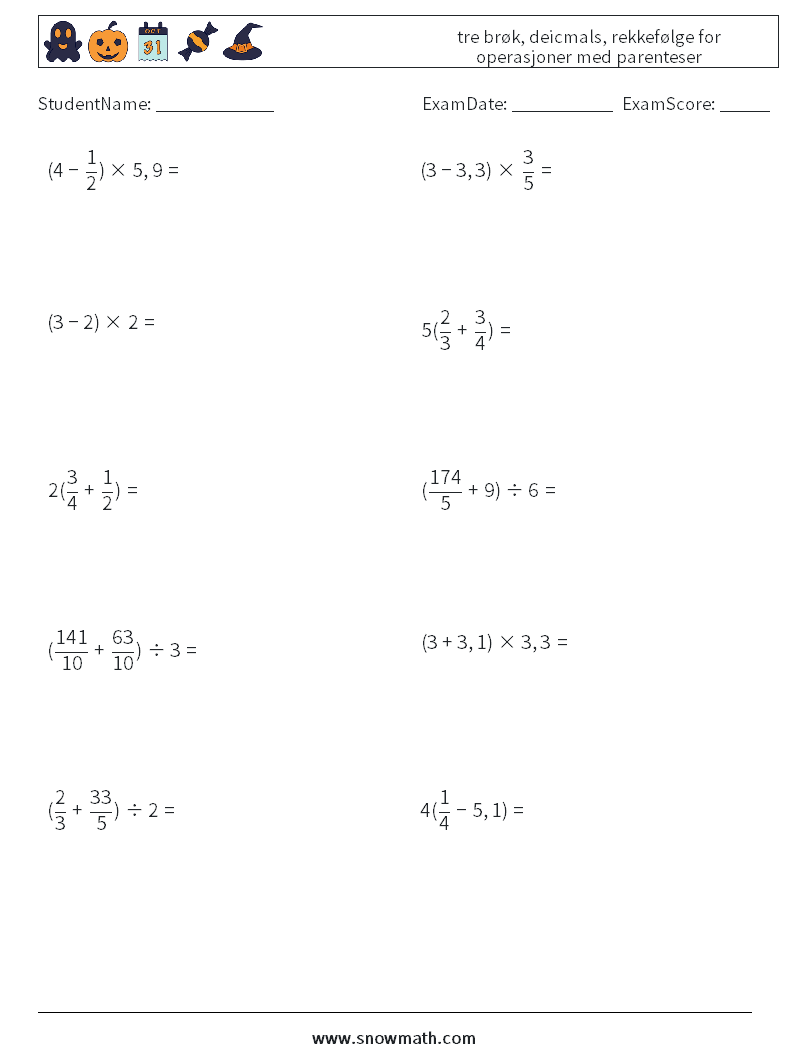 (10) tre brøk, deicmals, rekkefølge for operasjoner med parenteser MathWorksheets 13