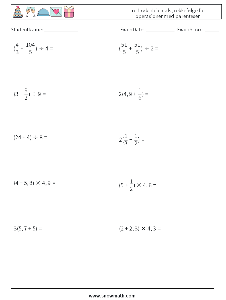 (10) tre brøk, deicmals, rekkefølge for operasjoner med parenteser MathWorksheets 14