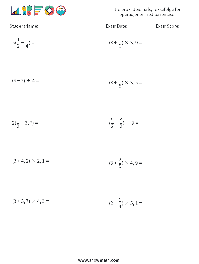 (10) tre brøk, deicmals, rekkefølge for operasjoner med parenteser MathWorksheets 15