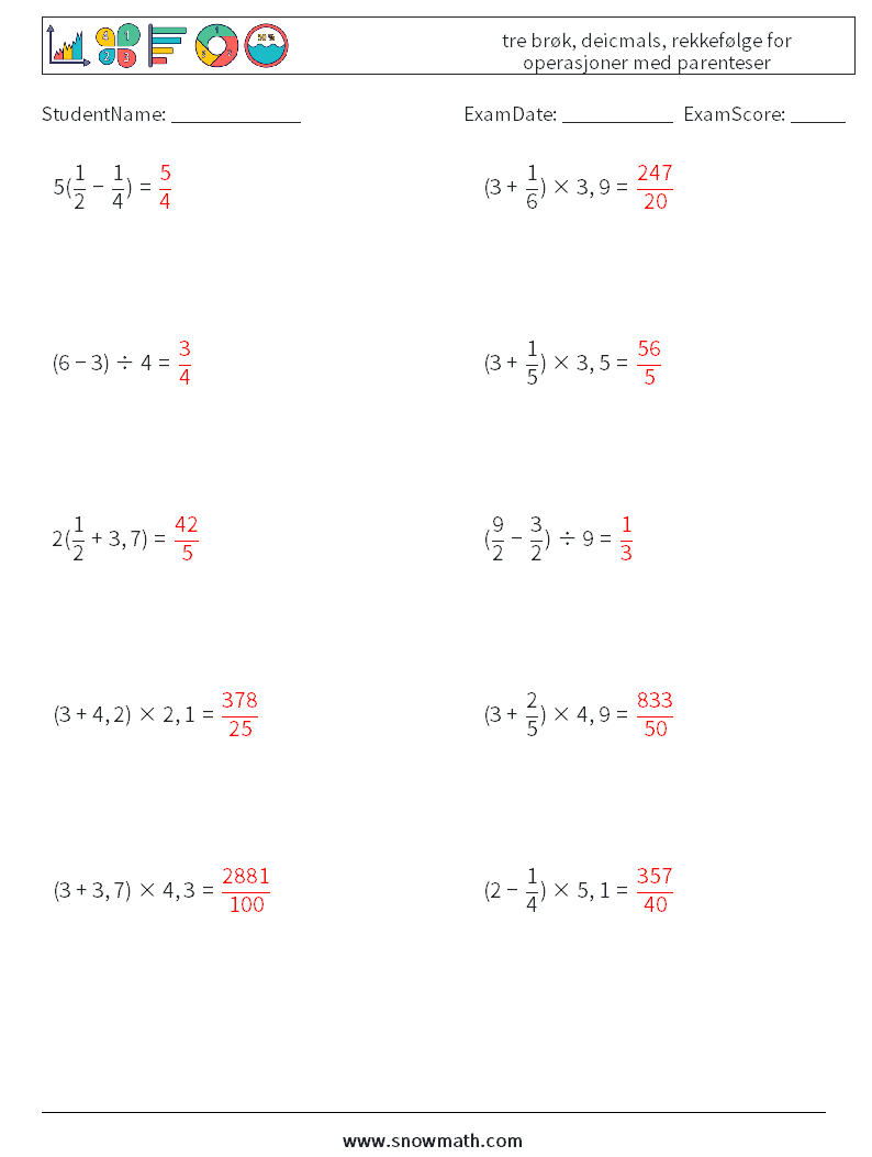 (10) tre brøk, deicmals, rekkefølge for operasjoner med parenteser MathWorksheets 15 QuestionAnswer